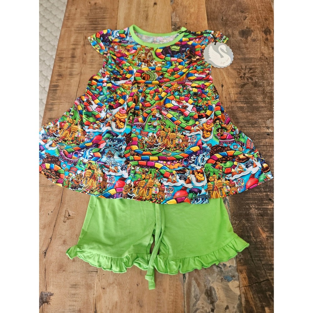 Sugar Swan Kids Candy Land Bamboo Viscose Pajama Set Green Ruffle Shorts 5/6 NWT
